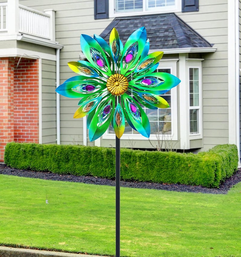 VEWOSTAR 53 Inch Wind Spinner - Outdoor Metal Peacock Wind Sculptures for Garden, Patio, Yard, Lawn Decorations Double Windmill Spinner - Image 2